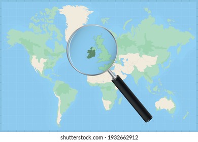 Karte der Welt mit einer Lupe auf einer Karte von Irland Detaillierte Karte von Irland und Nachbarländern in der Lupe.