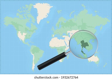 Map of the world with a magnifying glass on a map of Thailand Detailed map of Thailand and neighboring countries in the magnifying glass.