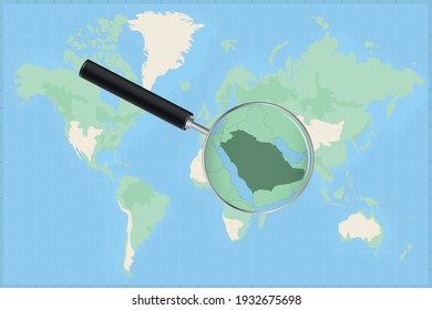 Mapa del mundo con una lupa en un mapa de Arabia Saudita Mapa detallado de Arabia Saudita y los países vecinos en la lupa.