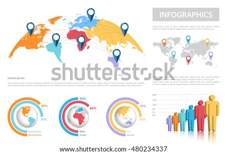 Map of the World mapped on a half sphere with city connections, and a full set of infographic elements