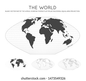 Map of The World. McBryde-Thomas flat-polar sinusoidal equal-area projection. Globe with latitude and longitude lines. World map on meridians and parallels background. Vector illustration.