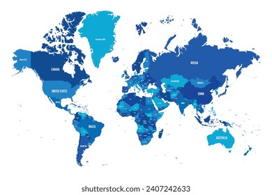 Map of World. Mercator projection. High detailed political map of countries and dependent territories. Simple flat vector illustration