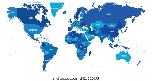 Map of World. Mercator projection. High detailed political map of countries and dependent territories. Simple flat vector illustration