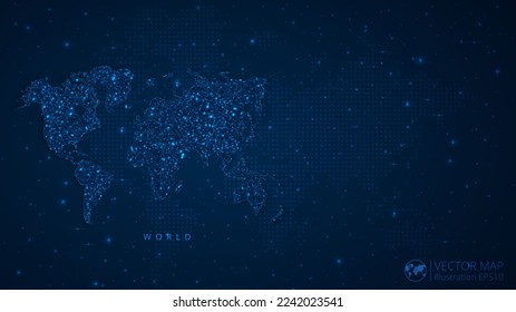 Map of World modern design with polygonal shapes on dark blue background. Business wireframe mesh spheres from flying debris. Blue structure style vector illustration concept.