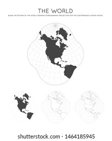 Map of The World. Modified stereographic projection for the conterminous United States. Globe with latitude and longitude lines. World map on meridians and parallels background. Vector illustration.