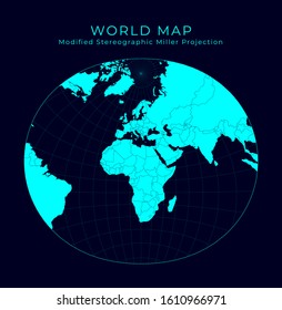 Map of the world. Modified stereographic projection for Europe and Africa. Futuristic infographic world illustration. Bright cyan colors on dark background. Attractive vector illustration.