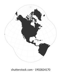 Map of the World. Modified stereographic projection for the conterminous United States. Globe with latitude and longitude net. World map on meridians and parallels background. Vector illustration.