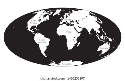 Map of the World. Monochrome vector illustration of Worldmap with white continents and black oceans isolated on white background. Nowadays projection. Silhouette. Element for your design.