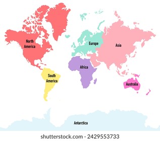 Map of the world with names of continents in pastel colors, vector illustration.