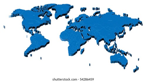 Map of the World with national borders and country names. Pseudo-3d vector illustration.