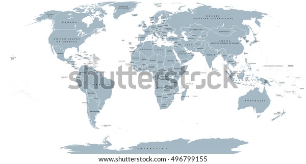 国境と国名を持つ世界の地図 白い背景にロビンソン投影 英語のラベル グレイイラスト のベクター画像素材 ロイヤリティフリー