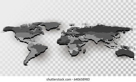 Map of the World with National Borders in Shades of Grey Engraved on Transparent Background. Vector Illustration