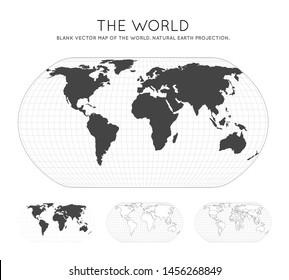 Map of The World. Natural Earth projection. Globe with latitude and longitude lines. World map on meridians and parallels background. Vector illustration.