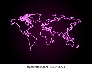 map of world with neon sign. vector illustration of neon map of world. Neon Banner, Luminous Billboard, Bright Night Advertising. Element.