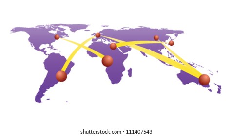 Map of the world with network connection linking cities