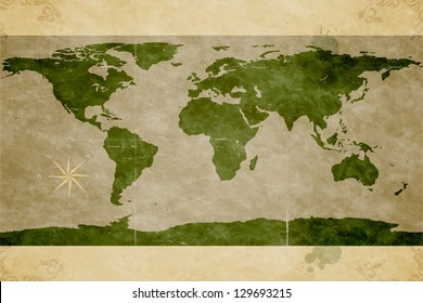 Map of the World. Old paper texture. Grunge effects