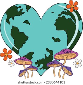 Map world on blue heart globe, isolated on white background. Vector illustration. Heart with earth map with mushroom and hippie flower