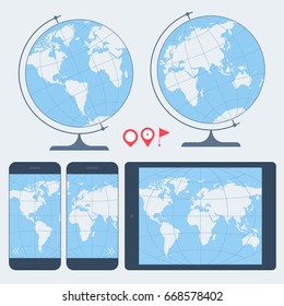 Map of world on the east and west globe. Map of world on the mobile phone and digital tablet screen. Flat concept illustration set. Vector infographic elements for web, social media, presentations.