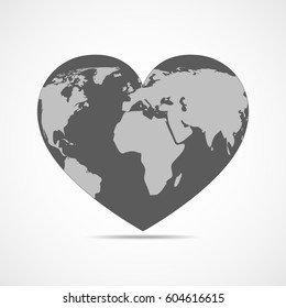Map world on gray heart globe, isolated on white background. Vector illustration. Heart with earth map.