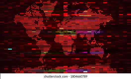 Map of the world on red digital screen with pixels and glitch effect