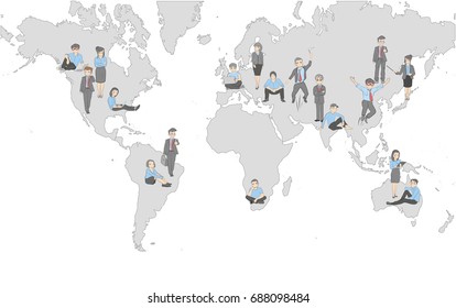 A map of the world on which the little men stand. vector illustration.