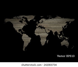 map of the world on wood textured with black background, vector illustration.