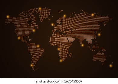 Mapa de los puntos anaranjados del mundo escala sobre fondo oscuro con Map World. Línea de red poligonal, esfera de diseño, punto y estructura de malla 3D de marco de cable. Ilustración vectorial, pasos 10.
