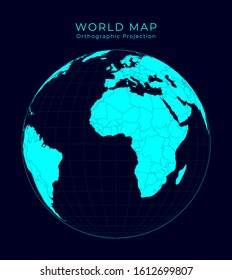 Map of The World. Orthographic projection. Futuristic Infographic world illustration. Bright cyan colors on dark background. Elegant vector illustration.