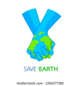 Map of world painted on hands. Save the Earth concept. Happy Earth day. Vector illustration isolated on white background.