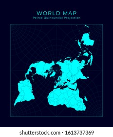 Map of The World. Peirce quincuncial projection. Futuristic Infographic world illustration. Bright cyan colors on dark background. Neat vector illustration.