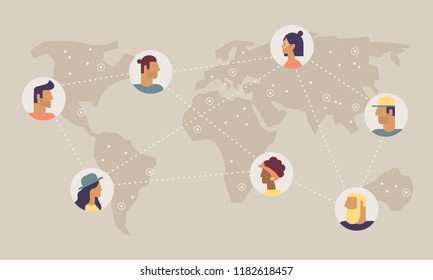 Map of world with photos of people. International relations between people. People communicate and connect with the network.