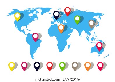 Map world with pin location. Globe icon with pointer. Perspective travel in asia, australia, africa, europe. Blue earth with gps markers. Modern countries background. 3d continent with arrows. Vector.