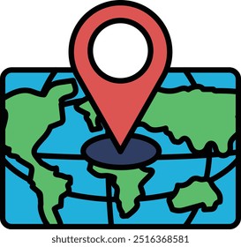 Un mapa del mundo con un alfiler. El mapa está dibujado en un estilo de dibujos animados