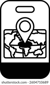 A map of the world with a pin on it. The map is on a phone. The map is black and white