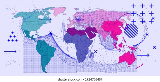 Map of the World in pixel art style. Retrofuturistic cyberpunk user interface, sci-fi hacker UI.