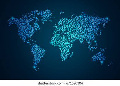 Map world point scales on dark background with Map World. Wire frame 3D mesh polygonal network line, design sphere, dot and structure. Vector illustration eps 10.