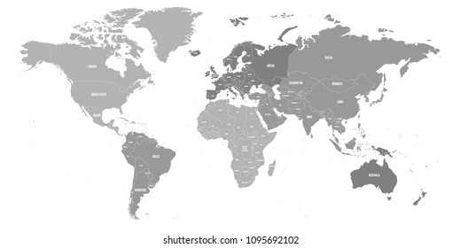 Map Of World. Political Map Divided To Six Continents - North America, South America, Africa, Europe, Asia And Australia. Vector Illustration In Shades Of Grey With Country Name Labels.