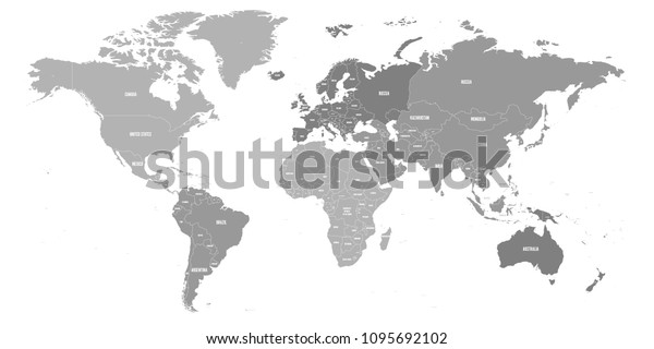 Map of World. Political map divided to six\
continents - North America, South America, Africa, Europe, Asia and\
Australia. Vector illustration in shades of grey with country name\
labels.