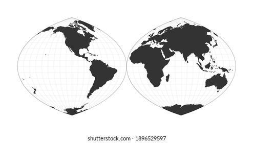 Map of the world. Quartic authalic projection interrupted into two hemispheres. Globe with latitude and longitude net. World map on meridians and parallels background. Vector illustration.