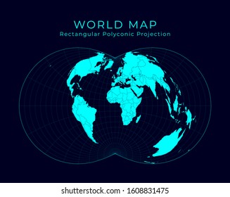 Map of The World. Rectangular (War Office) polyconic projection. Futuristic Infographic world illustration. Bright cyan colors on dark background. Trendy vector illustration.