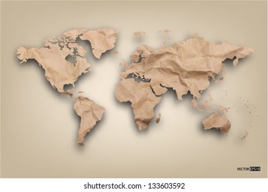 Map of the world from recycled paper. EPS10 vector illustration.