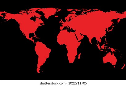 Map of the world with red continents and black background. Vector illustration