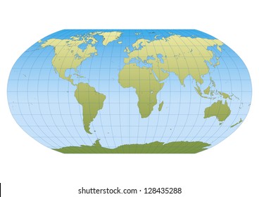 Map of the world in Robinson projection with graticule. Centered in Europe and Africa