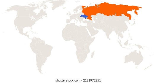 Mapa del mundo con Rusia marcado como naranja y Ucrania como azul. Concepto de crisis política. Ilustración vectorial