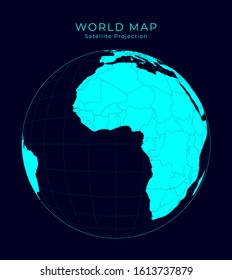 Map of the World. Satellite (tilted perspective) projection. Futuristic infographic world illustration. Bright cyan colors on dark background. Amazing vector illustration.