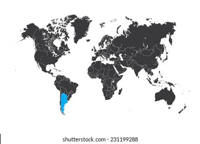 A Map of the world with a selected country of Argentina