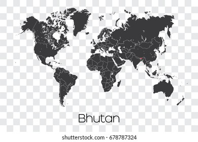 A Map of the World with the Selected Country of Bhutan