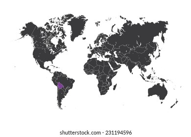 A Map of the world with a selected country of Bolivia