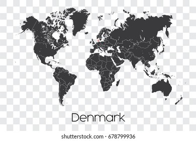 A Map of the World with the Selected Country of Denmark
