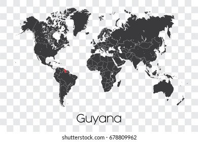 A Map of the World with the Selected Country of Guyana